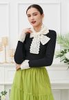 Embroidered Eyelet Bowknot Ribbed Knit Top in Black