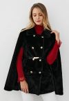 Collared Double-Breasted Faux Fur Cape Coat in Black