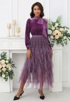 Ruffle Panelled Mesh Tulle Midi Skirt in Purple