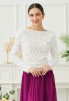 Floral Cutwork Boat Neck Mesh Top in White