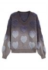 Ombre Fuzzy Heart Fringe Knit Sweater in Smoke