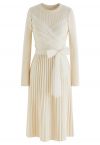 Self-Tie Mesh Bow Ribbed Knit Dress in Cream
