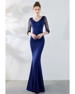 Draped Bead Mesh Sleeve Gown in Navy