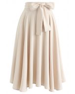 Flare Hem Bowknot Waist Midi Skirt in Light Tan