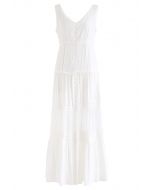 Crochet Trims Panelled Button Down Sleeveless Maxi Dress in White
