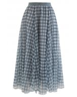 Gingham Double-Layered Mesh Tulle Midi Skirt in Green