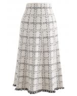 Grid Fringe Hem Knit Skirt in Ivory