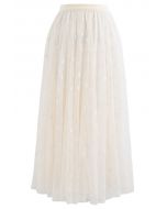 3D Clover Double-Layered Mesh Midi Skirt in Cream