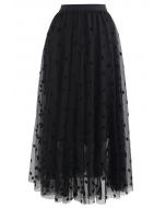 3D Clover Double-Layered Mesh Midi Skirt in Black