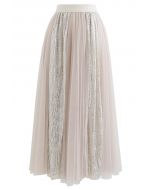 Shimmer Sequin Panelled Tulle Maxi Skirt in Cream