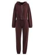 Hooded Zipper Sweatshirt and Drawstring Joggers Set in Brown