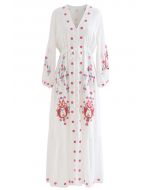 Button Down Embroidered Boho Maxi Dress