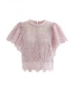 Ruffle Sleeves Full Crochet Crop Top in Dusty Pink