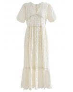 Scallop V-Neck Floral Eyelet Embroidery Maxi Dress in Cream