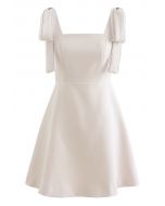 Bowknot Shoulder Crystal Edge Mini Dress in Cream