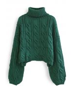 Turtleneck Braid Knit Crop Sweater in Green