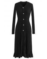 Button Front Ribbed Knit A-line Midi Dress in Black