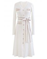 Shimmer Contrast Line Buttoned Knit Dress in White