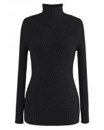 Mock Neck Long Sleeve Fitted Knit Top in Black