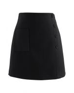 Button Decorated Wool-Blend Mini Bud Skirt in Black