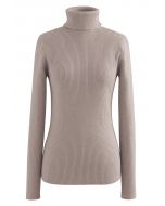 Turtleneck Long Sleeve Ribbed Knit Top in Taupe