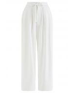 Pleated Detail Drawstring Waist Wide-Leg Pants in White