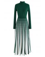 Stripe Print Turtleneck Knit Midi Dress in Dark Green