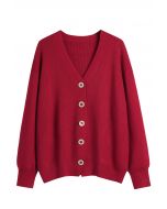 Button Front V-Neck Knit Cardigan in Red