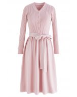V-Neck Bowknot Waist Buttoned Knit Dress in Pink