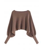 Exaggerated Bubble Sleeve Boat Neck Knit Top in Brown