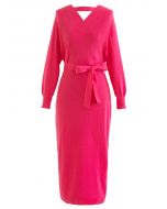 Batwing Sleeve Wrapped Midi Knit Dress in Hot Pink