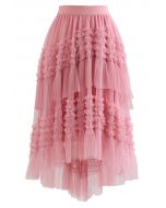 Ruffle Tiered Hi-Lo Mesh Tulle Skirt in Pink