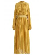 Lacy Waist Full Pleated Maxi Dress in Yellow