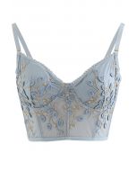 Branch Embroidered Mesh Bra Top in Dusty Blue