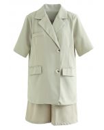 Pockets Padded Shoulder Textured Blazer and Shorts Set in Pea Green