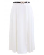 Neat Design Side Pocket Flare Midi Skirt in White
