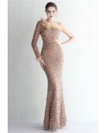 One-Shoulder Organza Trim Sequined Gown in Light Tan