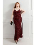 Mesh Inserted Sequined Mermaid Cami Gown in Burgundy