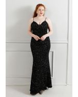 Mesh Inserted Sequined Mermaid Cami Gown in Black