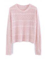 Scalloped Edge Hollow Out Knit Top in Pink