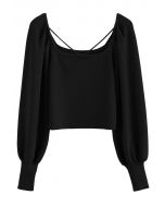 Cutout V-Neck Puff Sleeves Crop Knit Top in Black