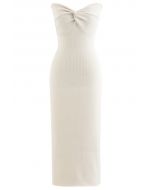 Knotted Front Fitted Knit Dress in Ivory