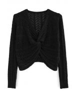 Hollow Out Knot Front Crop Knit Top in Black