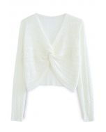 Hollow Out Knot Front Crop Knit Top in White