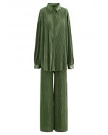 Full Pleated Plisse Shirt and Pants Set in Army Green