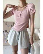 Buttoned Neck Ribbed Crop Top in Pink
