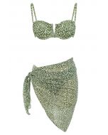 Leopard Print Bikini Set with Sarong in Moss Green