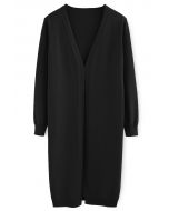 Solid Color Open Front Longline Cardigan in Black