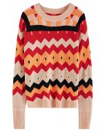 Multi-Color Zigzag Knit Sweater in Red