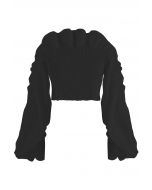 Bubble Sleeve Ruffled Shirring Crop Top in Black